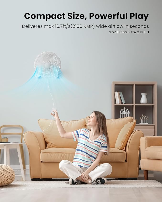Koonie 8'' Wall Mount Fan, Quiet Small Wall Fan with Timer, 8.2ft Wired Remote, 80° Oscillation, 100° Adjustable, 3 Speeds High Velocity for RV Bedroom Kitchen Office Garage, White