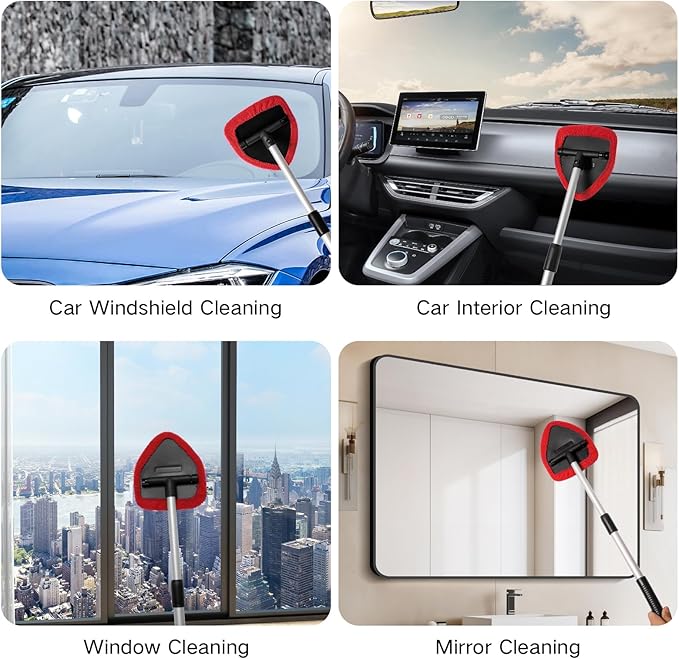 11pcs Windshield Cleaner Tool, Car Window Cleaning Wash Kit with 6 Reusable Microfiber Pads 2 Spray Bottles and Extendable Handles Auto Glass Wiper Kit, Red