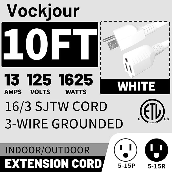 16/3 White Indoor Outdoor Extension Cord 10 Ft 2 Pack Waterproof, Extension Cord with 3 Prong Grounded Plug,13A 1625W 16AWG SJTW, Flexible Weatherproof Power Cable