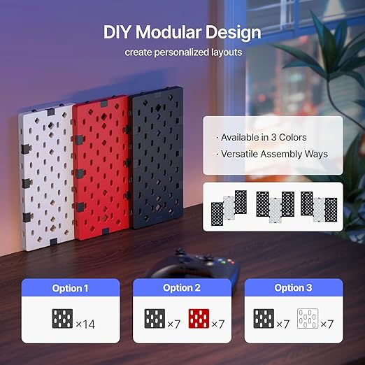 PEGZONE Controller and Headphone Holder Wall Mount, Modular Gaming Pegboard with Accessories, Controller Stand for Xbox PS5 PS4 Switch, Video Game Storage, Disc Shelf, 14pcs Pegboard, Black & White