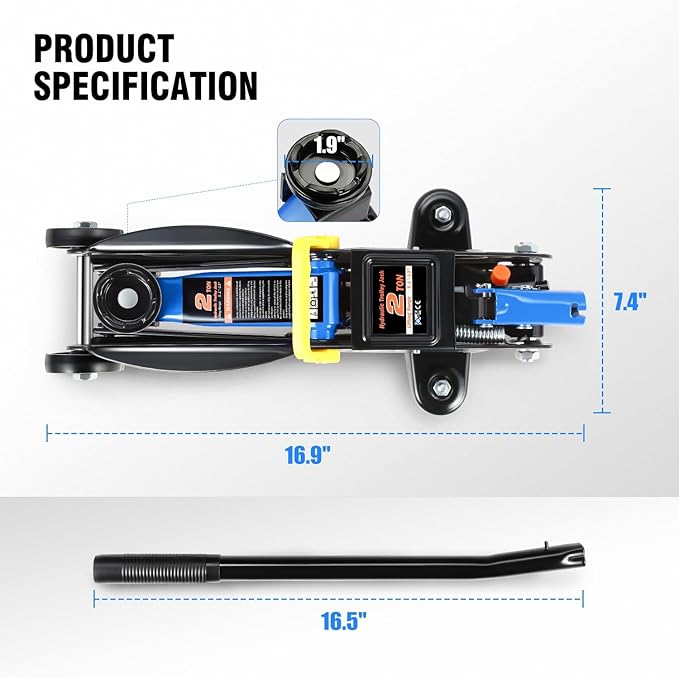 PM PERFORMOTOR Low Profile Hydraulic Trolley Service/Floor Jack, 2 Ton (4000 lbs) Capacity, Lifting Range 5.1"-13",Blue,PM-TOL-FJ20-BL