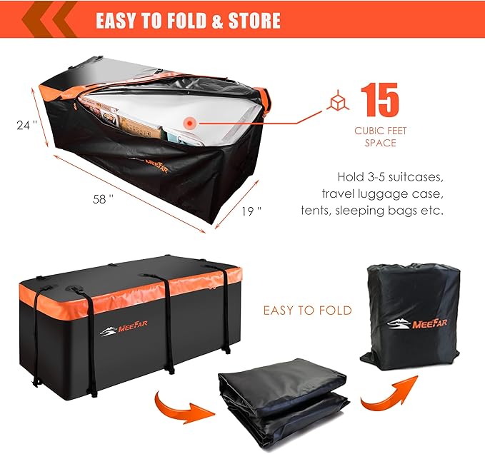 MeeFar Hitch Mount Cargo Carrier Bag Soft Shell 100% Waterproof 16 Cubic Feet (58" 24" 19") Include 8 Reinforced Straps for Truck Pickup All Vehicle with Steel Cargo Basket