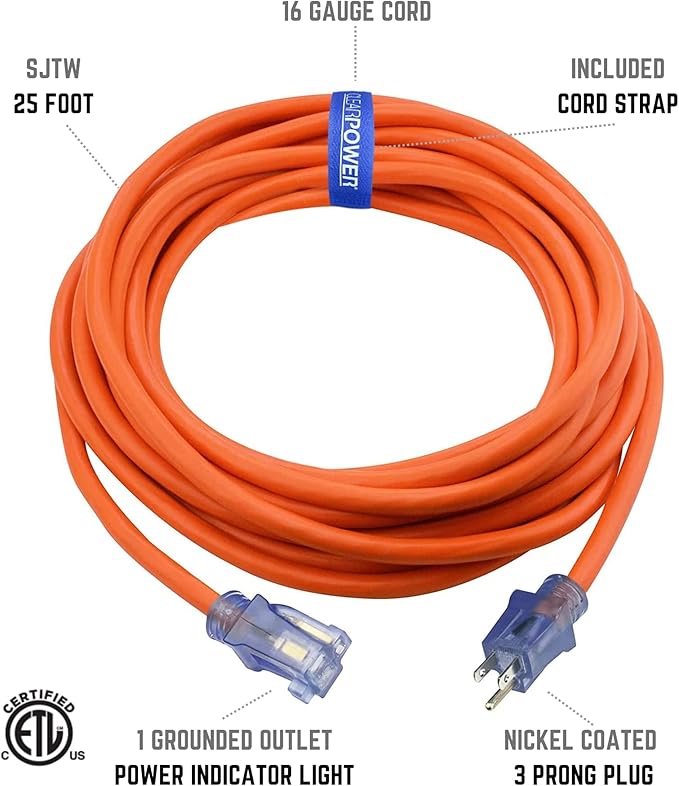 Clear Power Indoor/Outdoor Extension Cord, 25 Ft, Orange, 16AWG, 13A, SJTW [ETL Listed] 3 Prong Grounded Plug, 16/3, Water & Weather Resistant, Flame Retardant w/Power Indicator Light (CP11116)