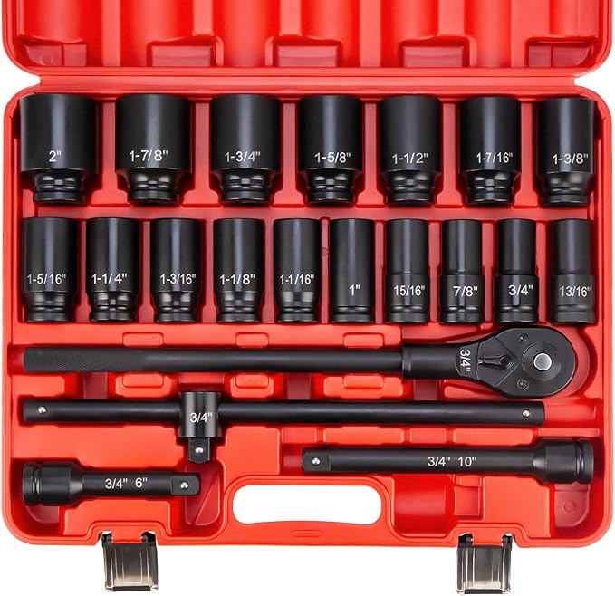21PCS 3/4" Drive Impact Socket Set,6 Point Axle Nut Socket Set,SAE Sizes(3/4" to 2"),Cr-Mo Steel,Includes Adapter and Quick-Release Ratchet(24 Tooth) for Large Vehicle & Equipment Maintenance