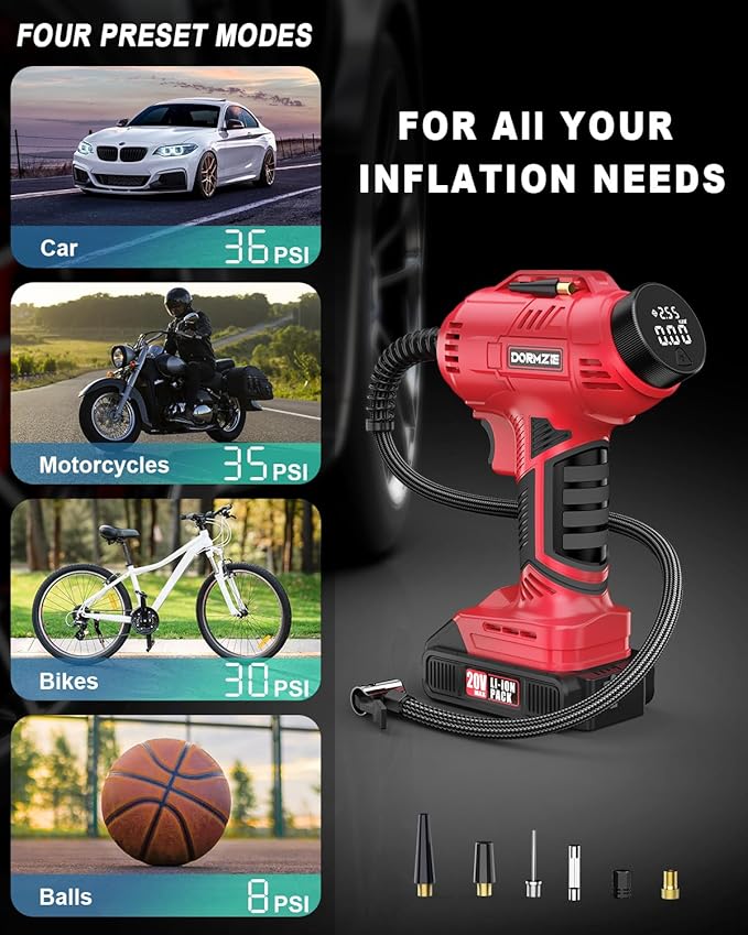 Tire Inflator Portable Air Compressor, 150 PSI Handheld Air Pump for Car Tires with 20V Rechargeable Battery, 12V Car Power Adapter, Digital Display, Ball, Motorcycle, Bike Pump
