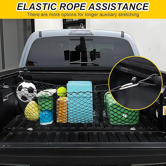 Gestec 3 Pocket Truck Bed Cargo Net for Toyota Ford Dodge GMC Chevy Silverado, Universal Pickup Mesh Storage Net 47.2" x 11.8" Stretchable Elastic Truck Bed Grocery Holder Net with 4 Ball Bungees