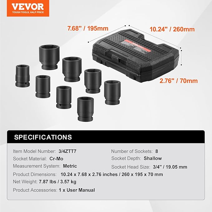 VEVOR Axle Nut Impact Socket Set - 3/4" Drive 6-Point 8-Piece Metric Spindle Nut Socket CR-MO Heat Treated Large Socket Set with Storage Case for Auto Repair, Removing or Installing Axle Nuts