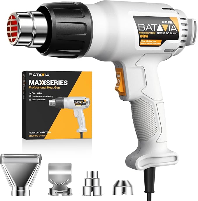 Heat Gun - BATAVIA Dual Protection Fuses 1800W Heavy Duty Fast Heat Hot Air Gun with 752℉&1112℉ Dual-Temperature Settings and 4 Nozzles with Overheat Protection for Crafts, Vinyl Wrap, Shrink Tubing