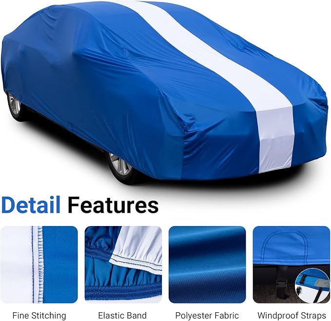 Favoto Car Cover Dustproof Sedan Indoor Stretch Cover Universal Fit 177-193 Inch Automobiles Full Car Cover with Storage Bag Breathable Windproof All-Weather Auto Vehicle Cover (Blue-Upgraded)