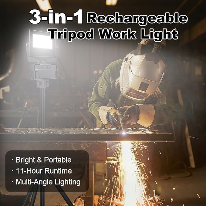 Rechargeable 10000mAh Work Light with Stand 5 ft Max Height, Cordless Work Light Dimmable 10000 Lumens Tripod Work Light Construction Essentials Gear Emergency floodlight with Detachable Tripod