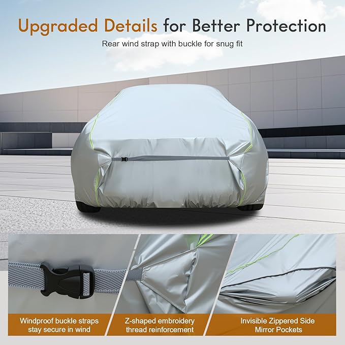 Tecoom Car Cover Waterproof All Weather, Windproof UV Sun Rain Snow Protection Outdoor Full Cover with Top Reflective Strip, Door Zipper, Fit for Coupe/Convertible/Sport Cars (183-193 Inches)