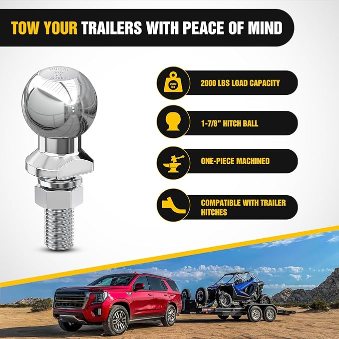 Nilight 1-7/8-Inch Diameter Chrome Trailer Hitch Ball, 2,000 lbs, 1 x 1-5/8-Inch Shank Universal Fit Gray