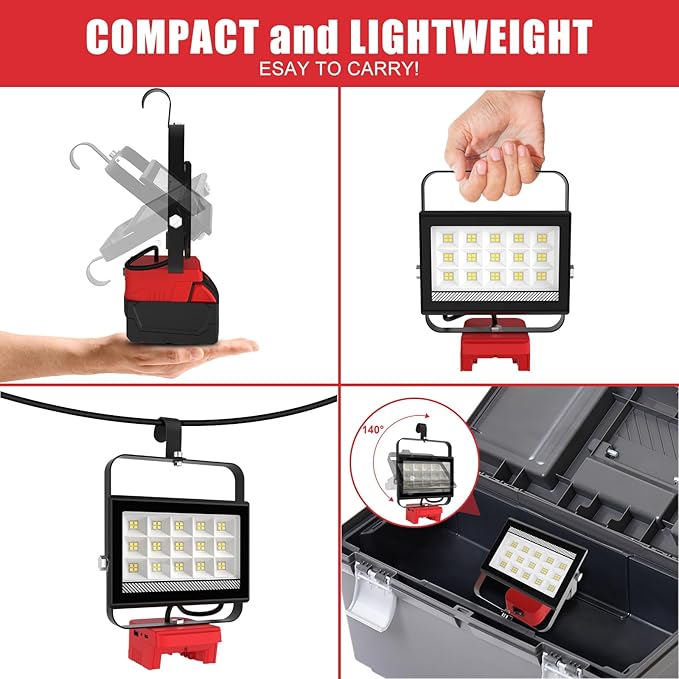 Cordless LED Work Light Compatible with Milwaukee 18V Battery, 60W 6000LM Flood Light, Flood Light Compatible with m18 Battery with USB & Type-C Charging and 140°Pivoting Head for Jobsite, Camping