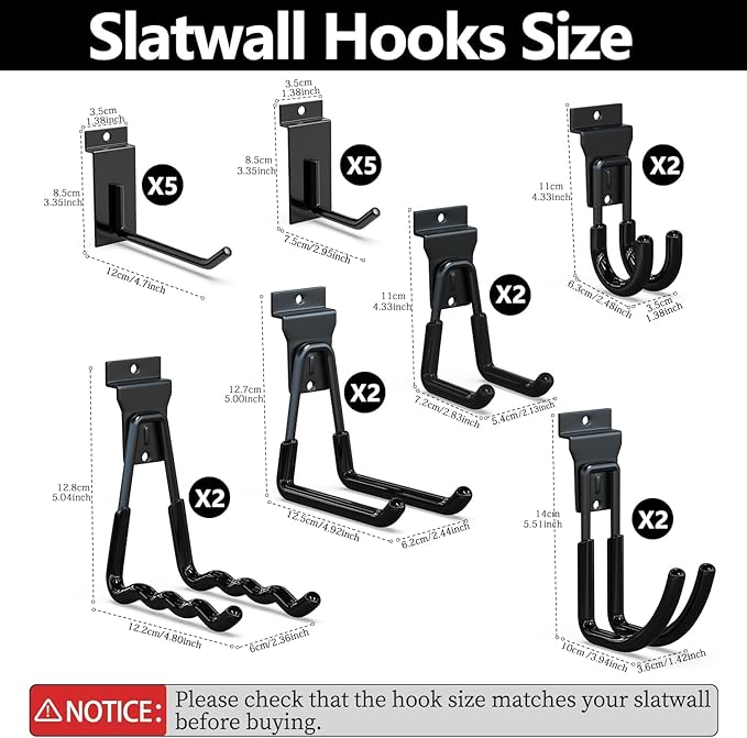3-H Heavy Duty Slatwall Hooks 20 Pack, Straight & Double Slat Wall Hangers, Extra Thick Backplate for Straight Hooks, Proslat Compatible Garage Storage Organizer(Black)