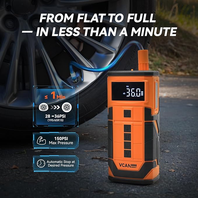 Jump Starter with Air Compressor, VCANENERGY Roadside Emergency Car Kit with 12V Portable Battery Jump Starter & Tire Inflator for Cars, Trucks, SUVs-Car Emergency Kit for Women, Men, Teen