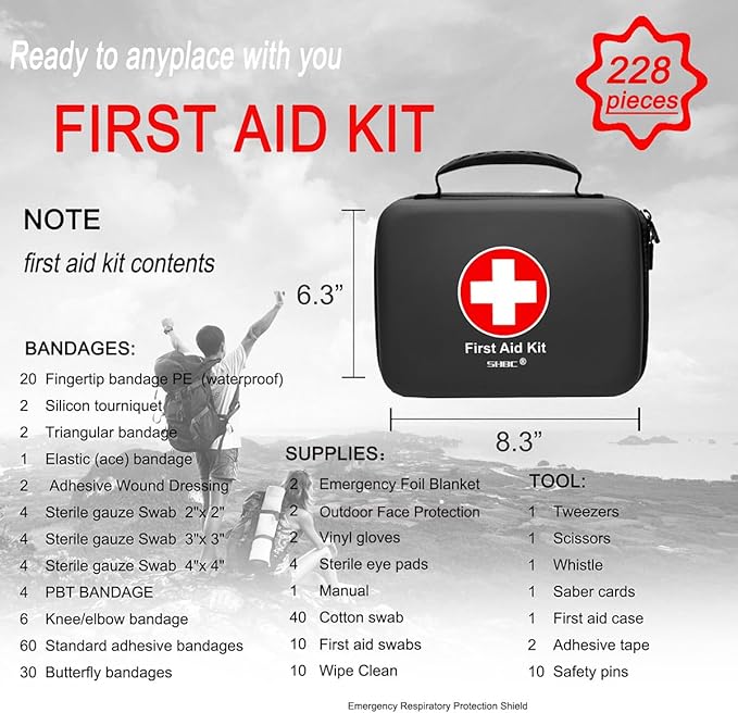 SHBC Waterproof First Aid Kit (228pcs) with All Basic or Advanced Supplies You Need. Suitable for Emergencies at Home or Outside, Travel, Home, Camping, Black