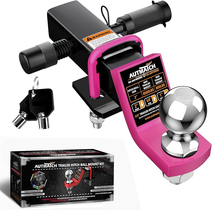 AUTMATCH Trailer Hitch Ball Mount with 2 Inch Hitch Ball - Fits 2" Receiver with Hitch Tightener, 8000Lbs Capacity Ball Hitch, 2-Inch Drop with 5/8" Hitch Lock Pin, Pink & Black