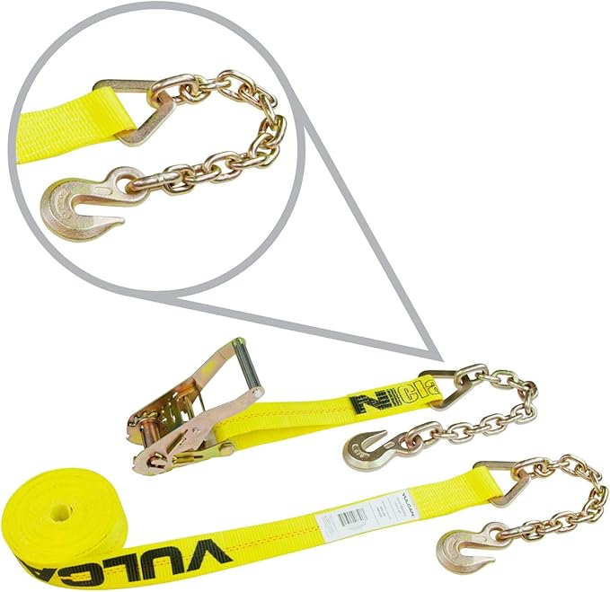 VULCAN Ratchet Strap with Chain Anchors - 2 Inch x 30 Foot - Classic Yellow - 3,600 Pound Safe Working Load