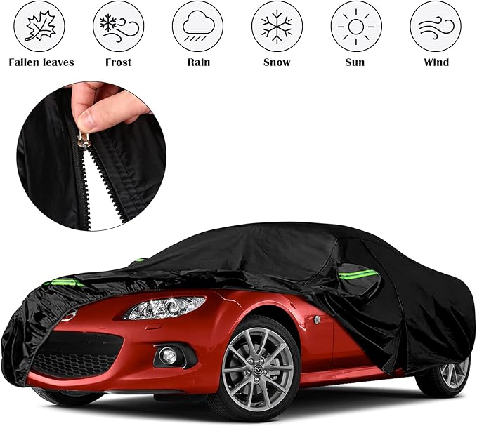 Waterproof Car Cover Replace for 1998-2025 Mazda Miata/MX-5, 6 Layers All Weather Miata Car Covers with Zipper Door & Windproof Bands for Snow Rain Dust Hail Protection
