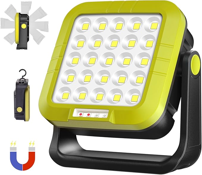 Masmejor 30W Rechargeable LED Work Light- 1500LM Portable Magnetic Lights, 7 Light Modes, 360° Rotating, IP44 Waterproof floodlight for Outdoor, Auto Repair, Emergency, Garage, Power Outages, Camping