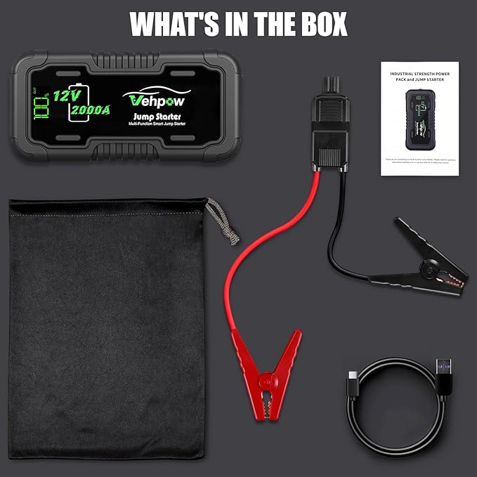 2000A Jump Starter, Car Battery Jump Starter - 12V Lithium Booster Pack, 20000mAh Portable Jump Box, Power Bank & Emergency LED Light, Jumper Cables - for 8.0L Gas and 6.0L Diesel Engines
