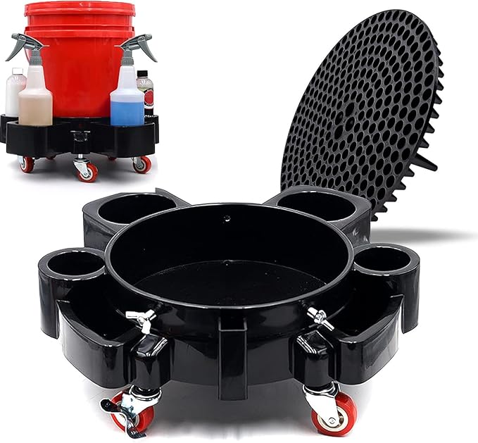 Bucket Dolly w/Grit Trap,5 Gallon Car Wash Bucket Roller with 5 Rolling Swivel Casters,Heavy Duty Rolling Bucket Dolly Removable Bucket Mover for Car Washing Detailing Smoother Maneuvering (Black)