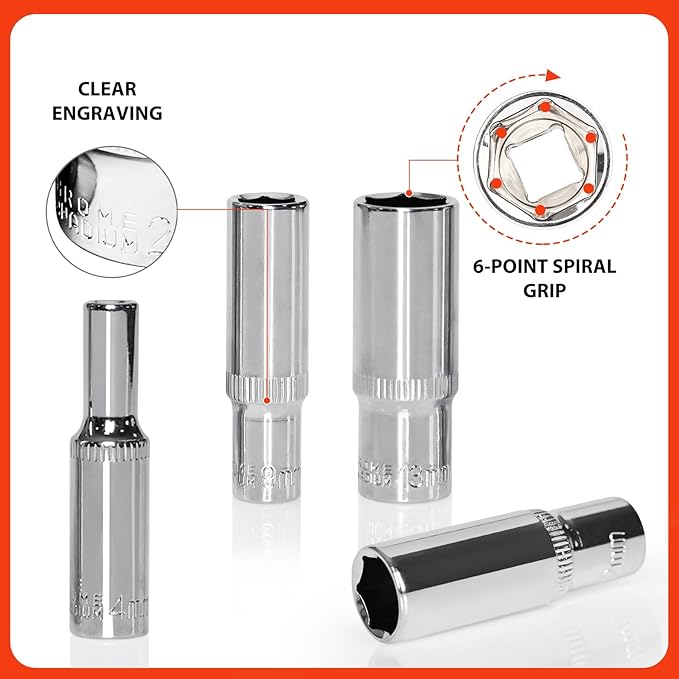 Egofine 10PCS 1/4” Drive Deep Socket Set,Metric Socket Set（4-13mm,6 Point Socket Set With Hanging Bracket,Cr-V Steel