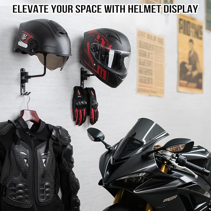 PUERSI Helmet Holder Wall Mount - 180° Rotation Helmet Hanger for Motorcycle Bike Racing Outerwear Sports Gear Display Motorcycle Accessories