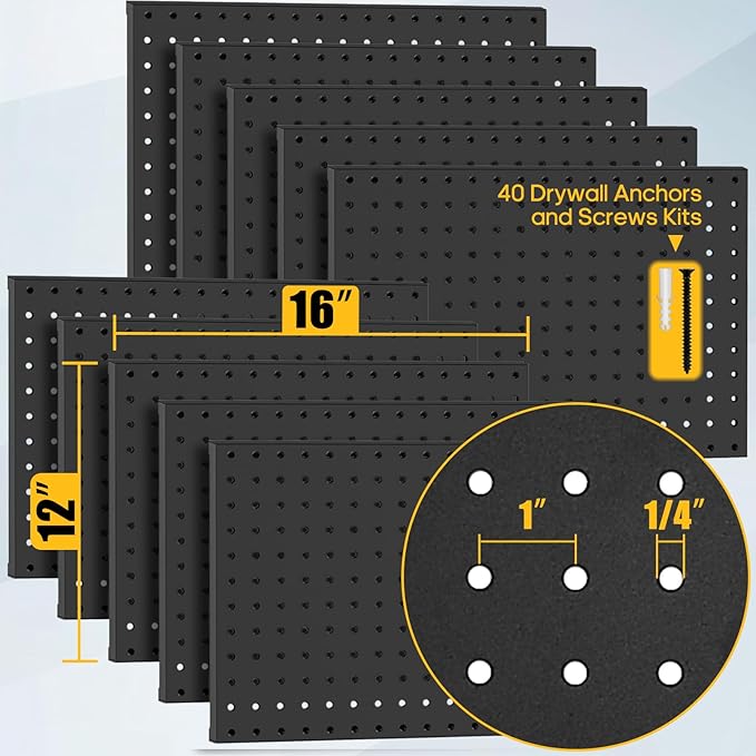 PBHEPJ 10 Pcs Metal Pegboard Panels, Heavy Duty Peg Boards for Garage and Garden Tool Storage, Includes Drywall Anchors and Screws Kits, Black (10 pcs 16in x 12in)