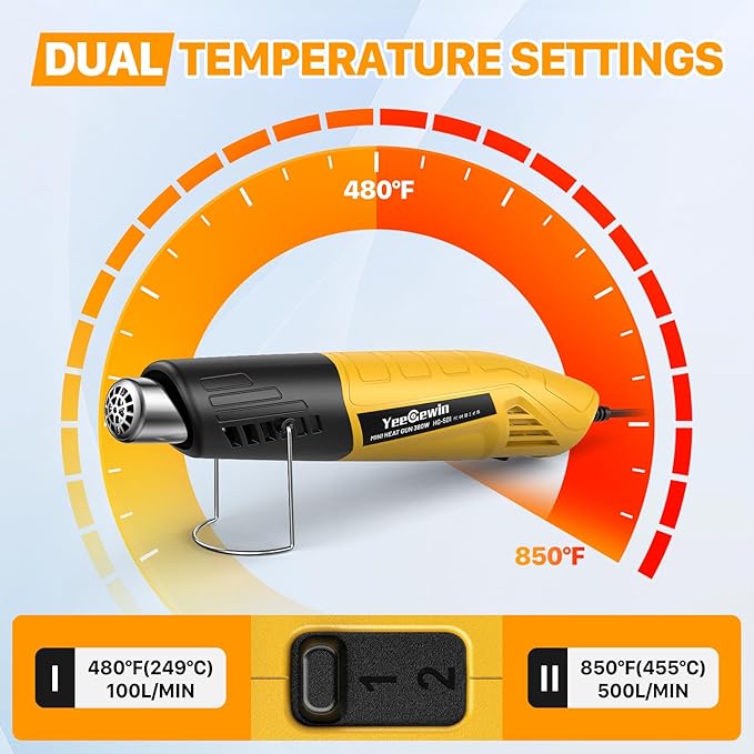 Mini Heat Gun 380W Fast Heat Hot Air Gun 2-Temp Settings 480°F-850°F(249°C-455°C) With Overheat Protection Reflector Nozzle, 4.9Ft Cable for Shrink Wrap, Vinyl, Crafts, Epoxy Resin (Yellow)