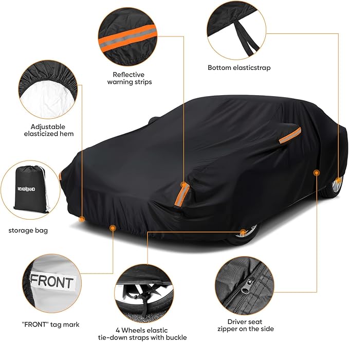 NEVERLAND Car Cover Waterproof All Weather for Automobiles, Outdoor Sedan Full Cover Heavy Duty Protection Snow Anti-UV Windproof for BMW/Mercedes-Benz/Audi/Honda/Toyota (Size:208''L x 78''W x 59''H)