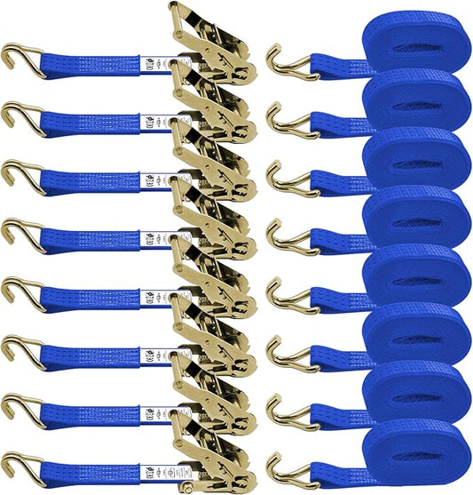 1.5 inch Ratchet Straps Heavy Duty 8 Pack 1-1/2 in x 12ft Cargo Load Tie Down Strap Double J Hook Blue 2200lbs Working Load for Trucks
