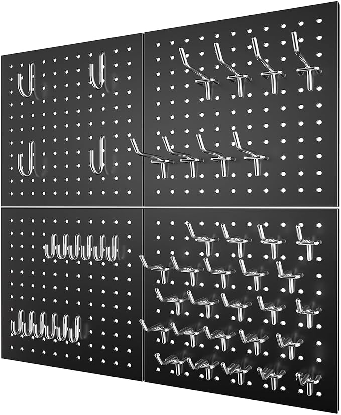 Peg Board - Metal Pegboard with 48 Hooks, Heavy Duty Wall Mount Metal Grid Panel for Garage Organization & Tool Storage, Rustproof, Easy to Install, Compatible with Standard Organizer Accessories