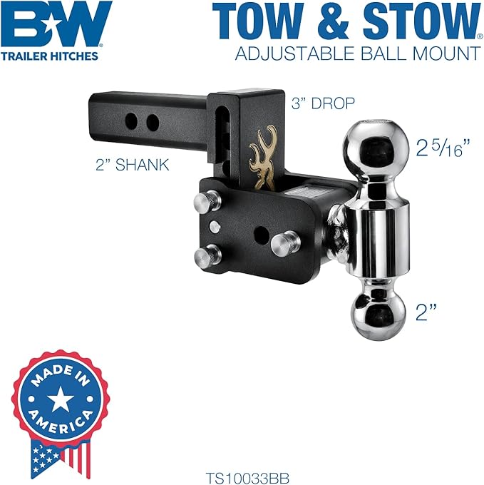 B&W Trailer Hitches Tow & Stow Adjustable Trailer Hitch Ball Mount with Browning Logo - Fits 2" Receiver, Dual Ball (2" x 2-5/16"), 3" Drop, 10,000 GTW - TS10033BB