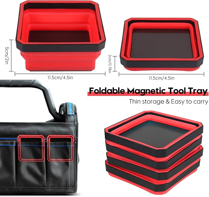 Collapsible Magnetic Trays, 4 Pack Foldable Silicone Magnetic Tool Trays for Small Metal Parts, Bolts, Screws, Nuts, Washers, with Double Sided Magnetic Base, 4.5in Square(Red)