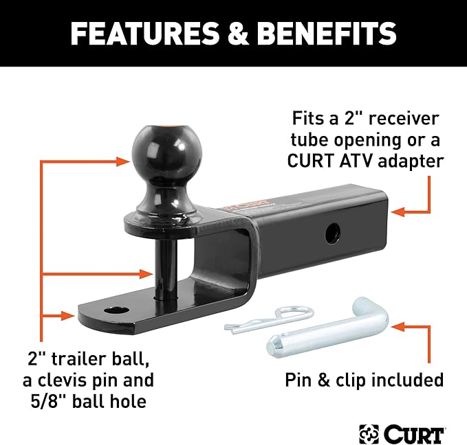 CURT 45009 3-in-1 ATV Trailer Hitch Mount, 2-Inch Ball, Clevis Pin, 5/8-Inch Hole, Fits 2-Inch Receiver