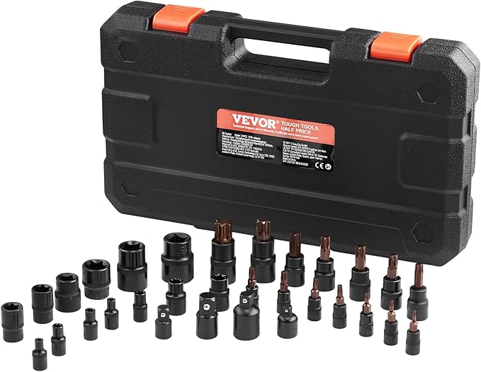 VEVOR Torx Bit Socket and External Torx Socket Set, 31-Piece T8-T70 and E4-E24, S2 Alloy Steel and Cr-V Steel, 1/4 in, 3/8 in, and 1/2 in Drives, with Adapter and Enhanced Storage Case, for Automotive