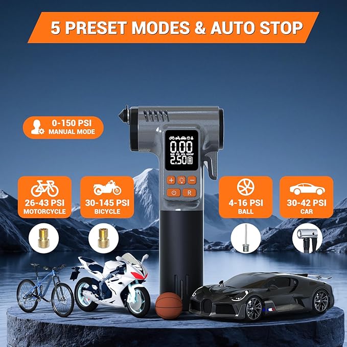 Gardon Tire Inflator Portable Air Compressor - 8 in 1 Air Pump, Window Breaker, Seatbelt Cutter, Ball Pump, Bike Pump, Digital Tire Pressure Gauge, SOS, Flashlight, Tech Gadgets Car Accessories
