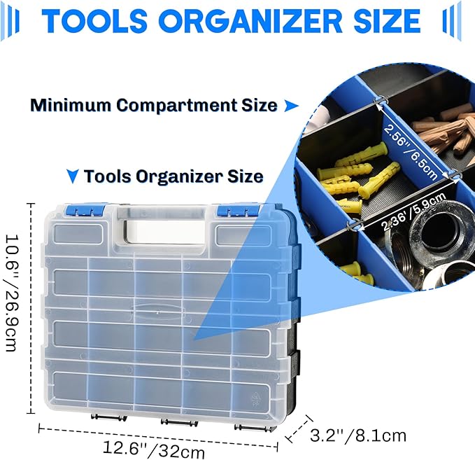 Small Parts Organizer 2 Pack | Storage Case Tools Box 34-Compartments Double Side Organizer Box with Removable Dividers for Small Hardware, Screws, Bolts, Nuts, Nails, Beads (Blue)