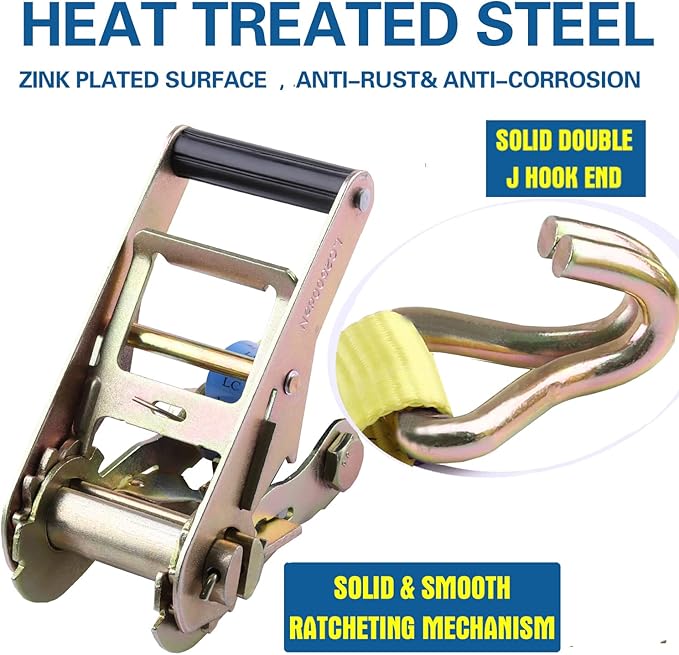 Ratchet Tie Downs Straps with Double J Hook 2 inch 13 Ft 10,000 lbs Break Strength Heavy-Duty Cargo Straps for Moving Appliances Lawn Equipment and Motorcycles Cargo Car Truck ATV 4 Pack, Yellow