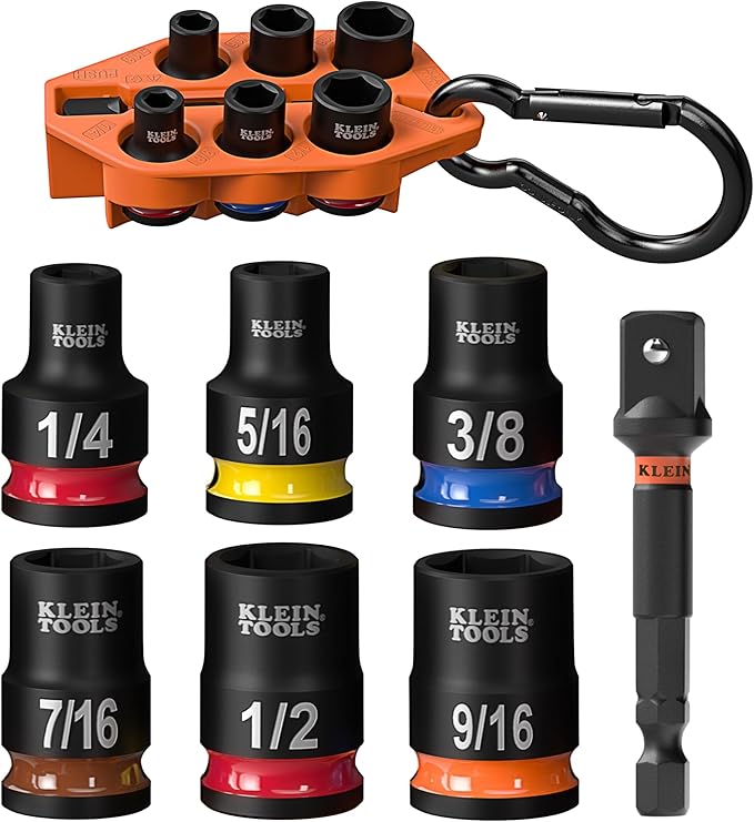 Klein Tools 33808 Grab-And-Go Impact Socket Set, SAE, 7-Piece Set with Sleeve, Carabiner, and 3/8-Inch Drive, Color-Coded 1/4, 5/16, 3/8, 7/16, 1/2, and 9/16-Inch Sockets