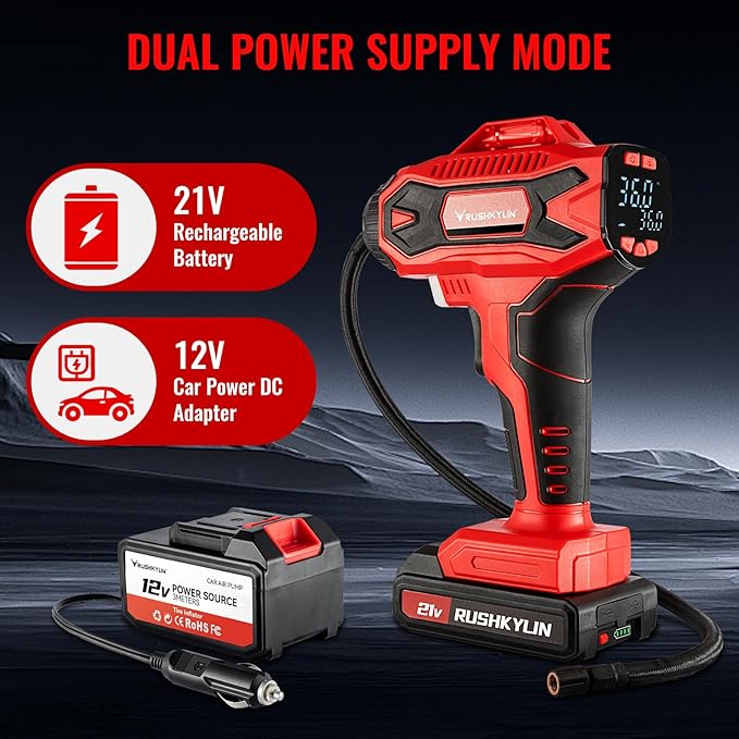 Cordless Tire Inflator Portable Air Compressor, 160PSI Air Pump with 21V Rechargeable Battery Powered, Digital Pressure Gauge, Built in LED Lights, Handheld Air Compressor For Cars
