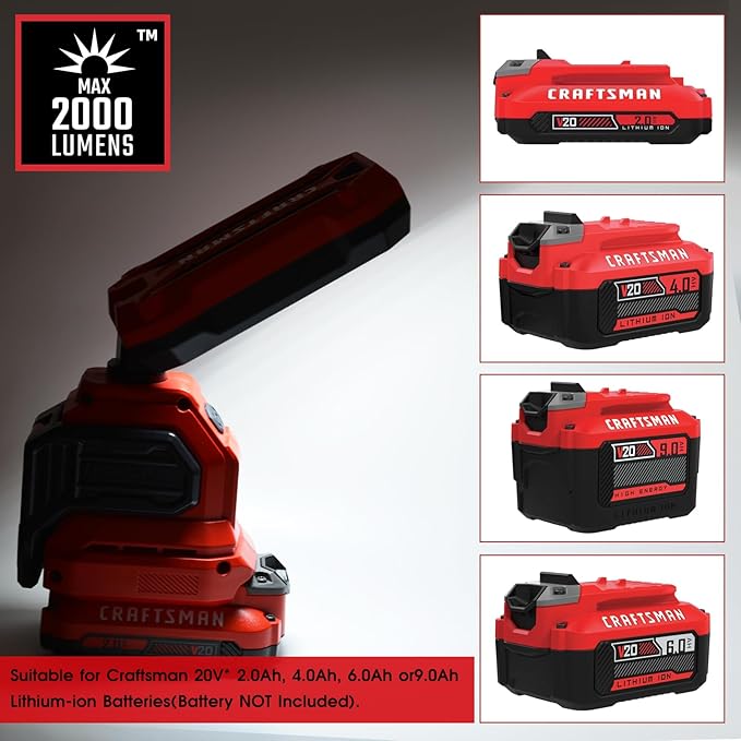 CRAFTSMAN V20 6500K LED Rechargeable Work Light, 2000LM &1000LM 2 Brightness Settings, Hook and Clamp for Multiple Mounting Options, Cordless, Battery Not Included