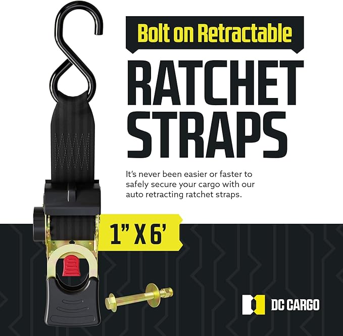 DC Cargo Mall Bolt-on Auto Retractable Ratchet Straps - (2 Pack) 1 Inch x 6 Ft - 1500 lbs Break Strength - Retractable Ratchet Tie Down Straps for Boats, Jet Skis, Motorcycles, ATVs