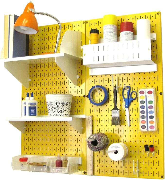 Wall Control Craft & Hobby Pegboard Organizer Storage Kit with Yellow Pegboard and White Accessories