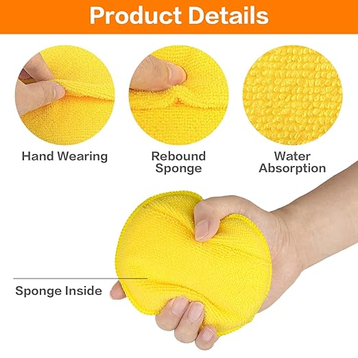 Microfiber Wax Applicator Pads, Car Wax Applicator with Finger Pocket, Buffing & Detail Polishing Foam Pads for Car Cleaning and Fine Polishing (5 inch, 6 Pack) (Yellow)
