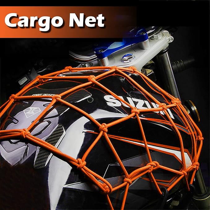 Cargo Net 15"x15" Stretches to 30"x30" with Thicken Hooks | Natural Latex Core, Tight 2”x2” Mesh Small Heavy Duty Bungee Net for Motorcycle Helmet, Bike, ATV, UTV, Luggage (Orange, 2 Pack)