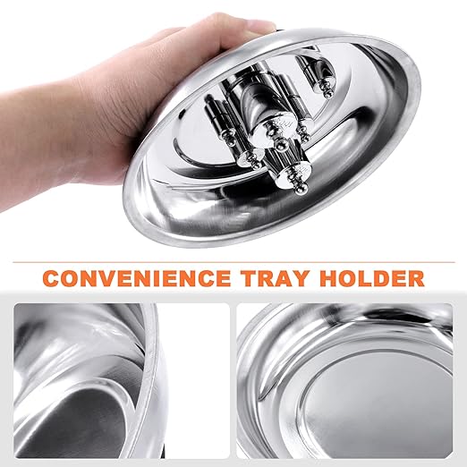 Tanstic 4Pcs Round Magnetic Trays Set with Magnetic Pick Up Tool, 3" 4" 6" Stainless Steel Magnet Trays Tools Parts Tray Holder, Telescoping Pick Up Tool Telescopic Magnet Stick for Metal Parts