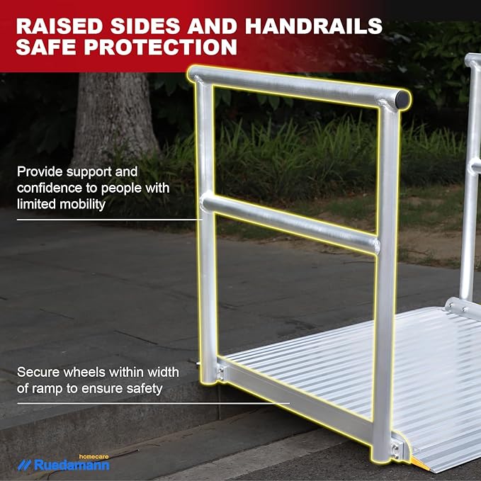 Ruedamann 3'L x 36" W Aluminum Wheelchair Ramp with Handrails, 600 Lbs Capacity Threshold Ramp for Home Steps Stairs Curbs, Non-Slip Access Ramp, Doorway Ramps for Wheelchairs Scooters Carts Walkers