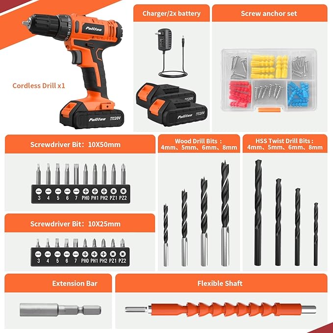 PULITUO 20V Cordless Drill/Driver, 2 Batteries Electric Screwdriver, 30Nm Power Drill Driver, 21+1 Torque, 2 Speed, 3/8"Keyless Chuck, power Drill with LED Light, Drill Driver Kit for Home (Orange)